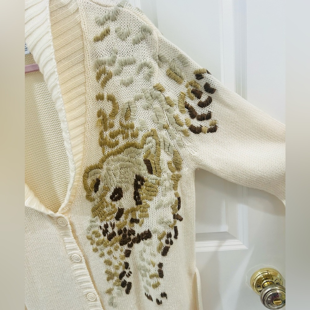 Vintage 90s Together Ivory Chunky Wool Bear Embroidered Cardigan Shawl Collar L - Picture 6 of 14